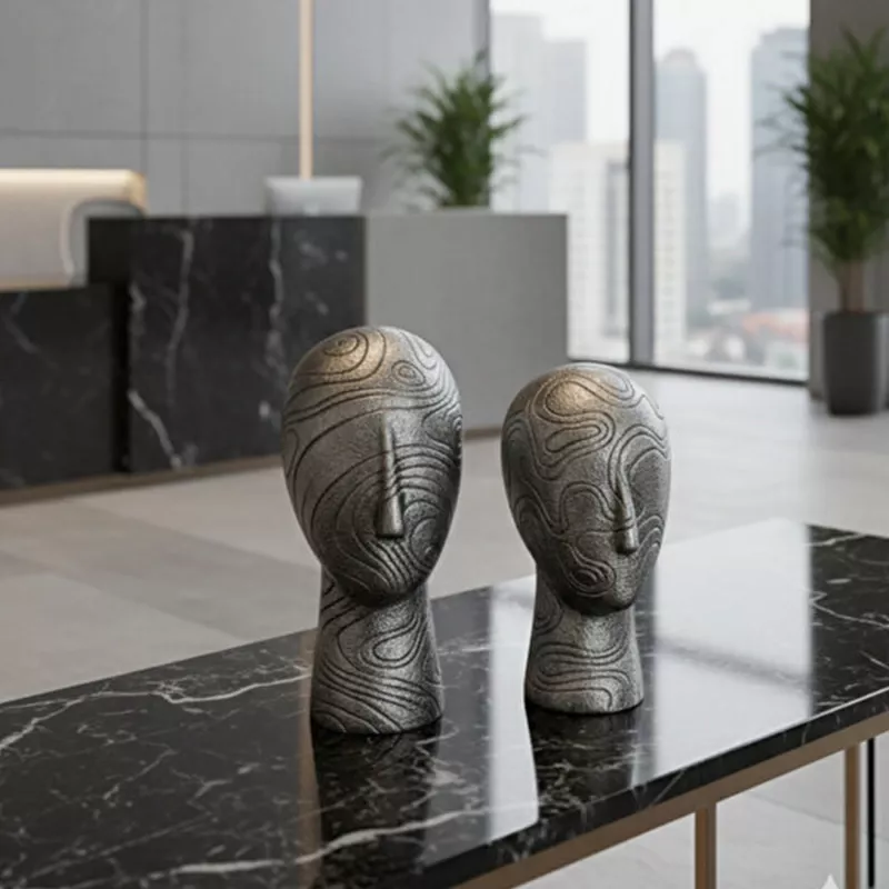 2'li Kadın Suratı Heykel Biblo Gümüş 28x12cm - 2