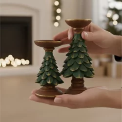 2'li Yılbaşı Çam Ağacı Şamdan ve Mumluk (16 ve 27cm Boy) - 1