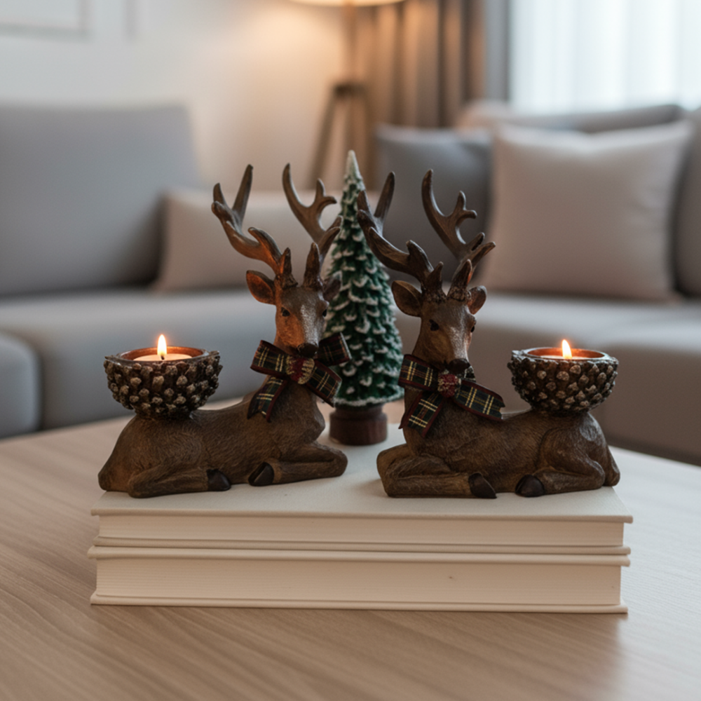 3'lü Geyik Mumluk ve Çam Ağacı Seti 18x16x10 cm