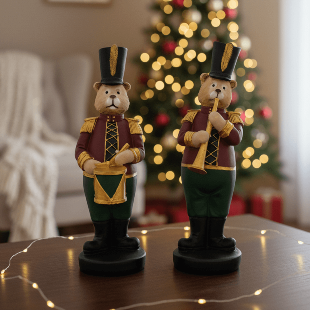 Davul ve Trompet Çalan Ayı Seti Yılbaşı Biblo - 2 Adet (31x13cm)  - 2