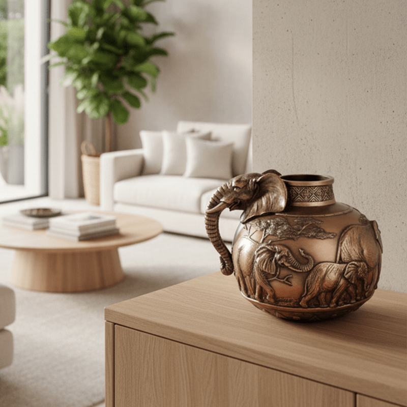 Dekoratif Fil Figürlü Tombul Vazo Saksı (32x27cm) - 2