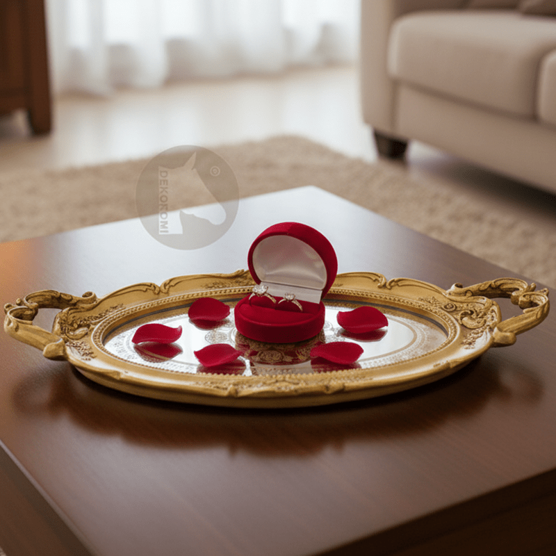 Dekoratif Vintage Aynalı Nişan, Kına, Söz Tepsisi (48x28cm) - 5