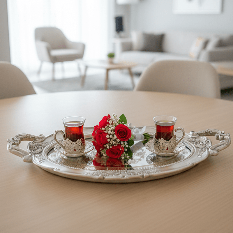 Dekoratif Vintage Aynalı Nişan, Kına, Söz Tepsisi (48x28cm) - 7