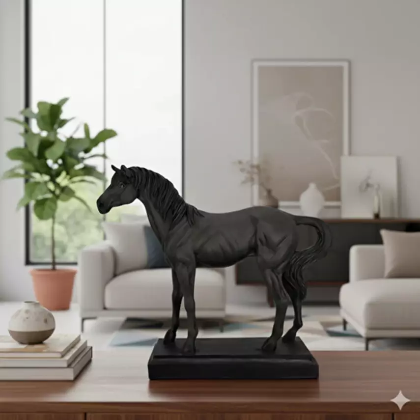 Kaideli Siyah At Heykeli  Dekoratif Biblo 37x35 cm - 3