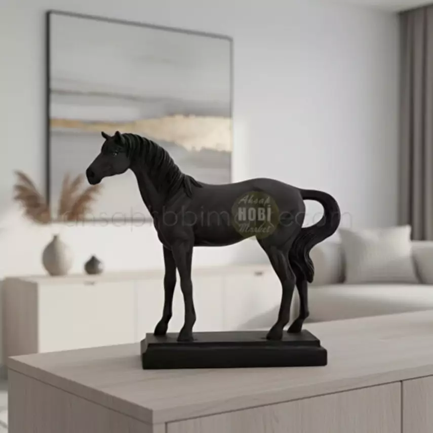 Kaideli Siyah At Heykeli  Dekoratif Biblo 37x35 cm