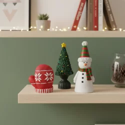 Yılbaşı 3'lü Obje ve Biblo Seti Eldiven Çam Ağacı Kardan Adam (Y 10x17x18 cm) - 1